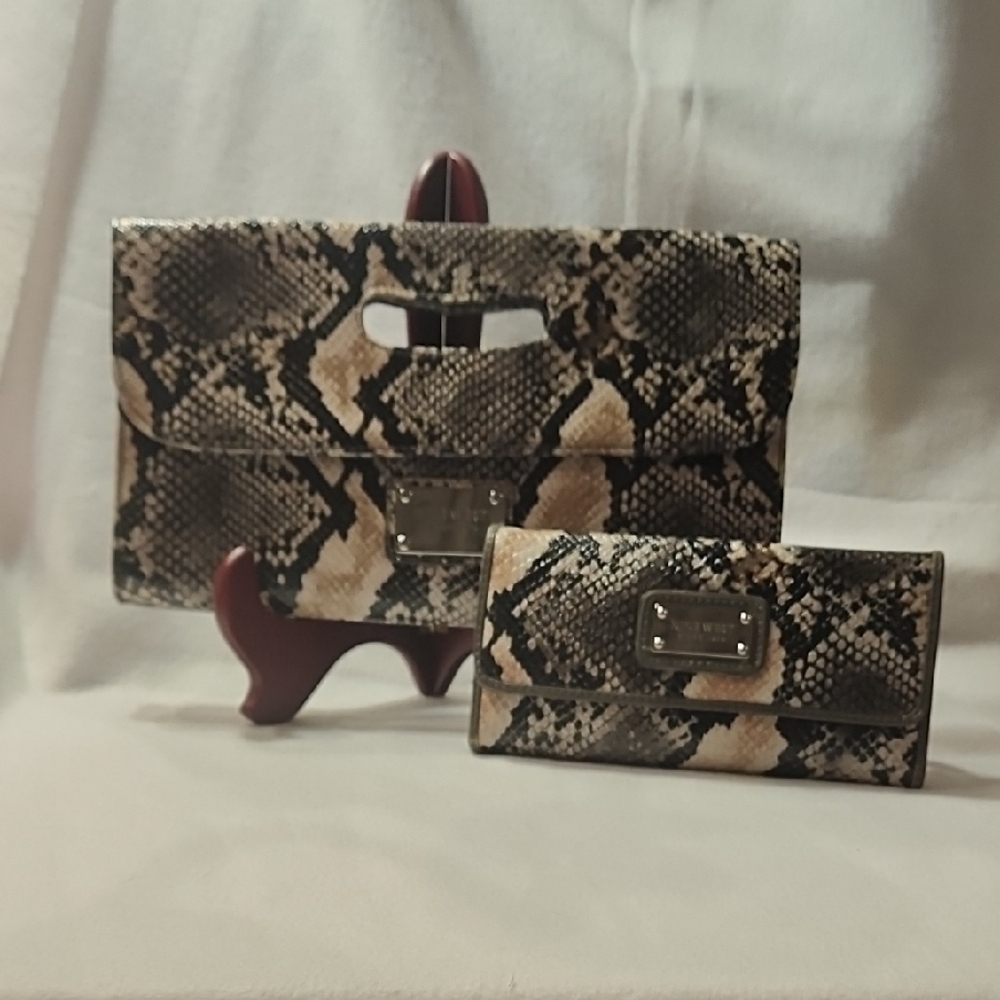Nine West Snakeskin Pattern Flap Over Clutch and Wallet Set